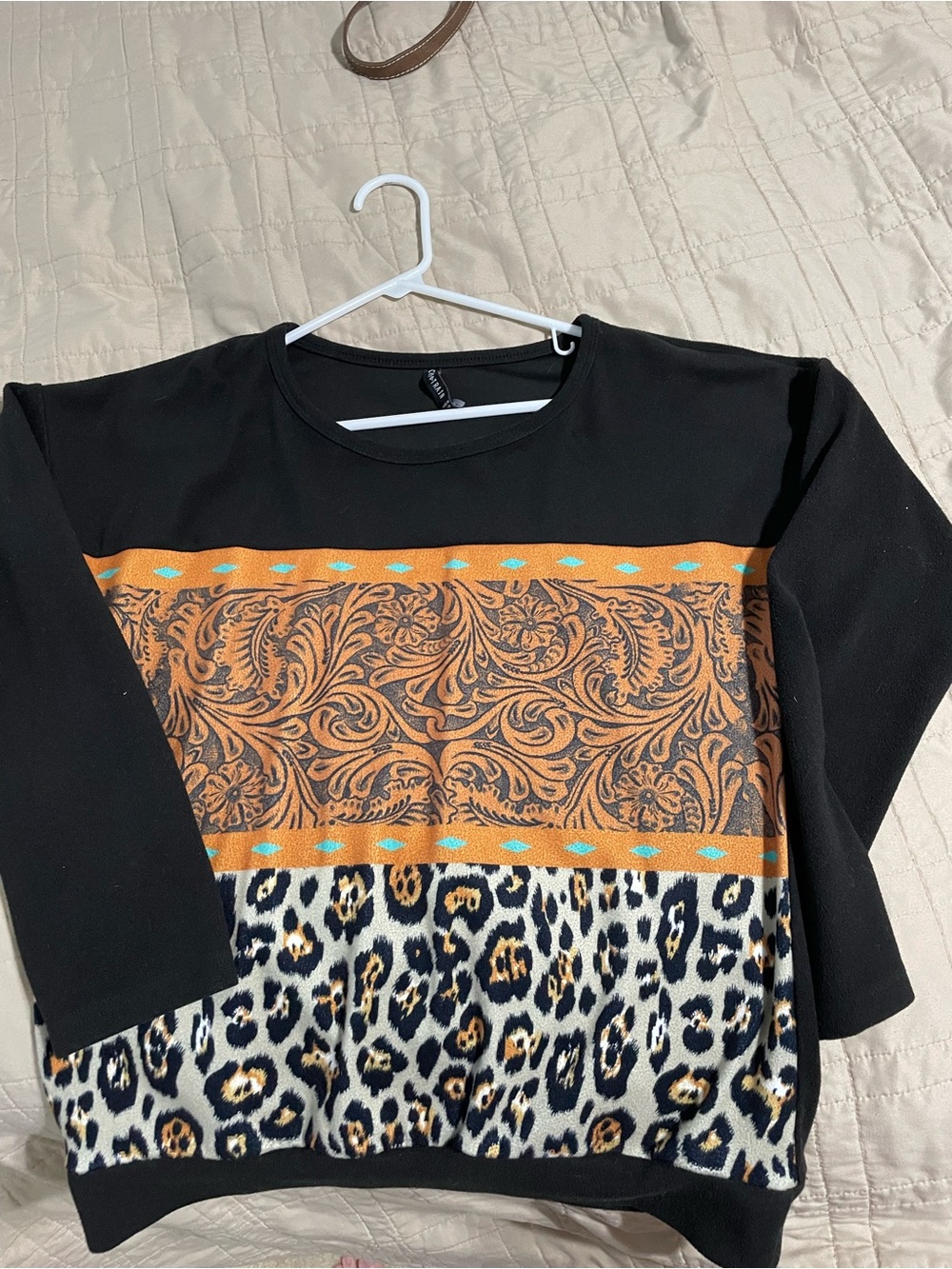 Crazy Train Black Top with Tan Paisley & Leopard Panels